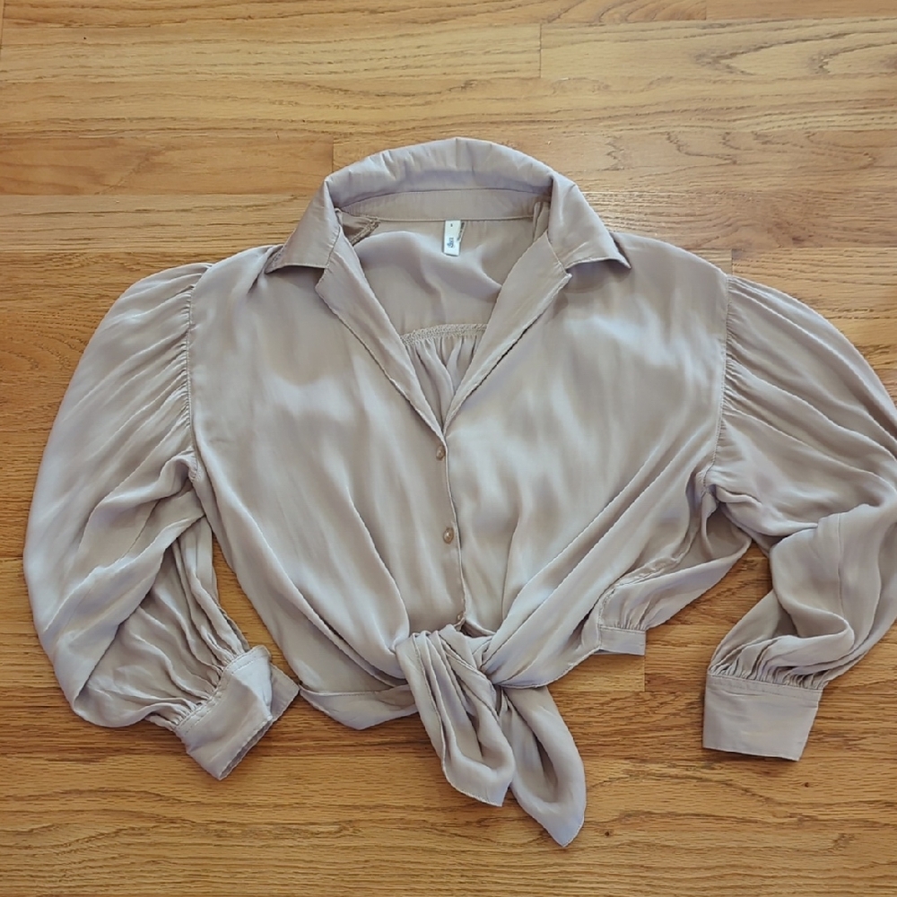 Glam Brand Taupe Tie-Front Blouse